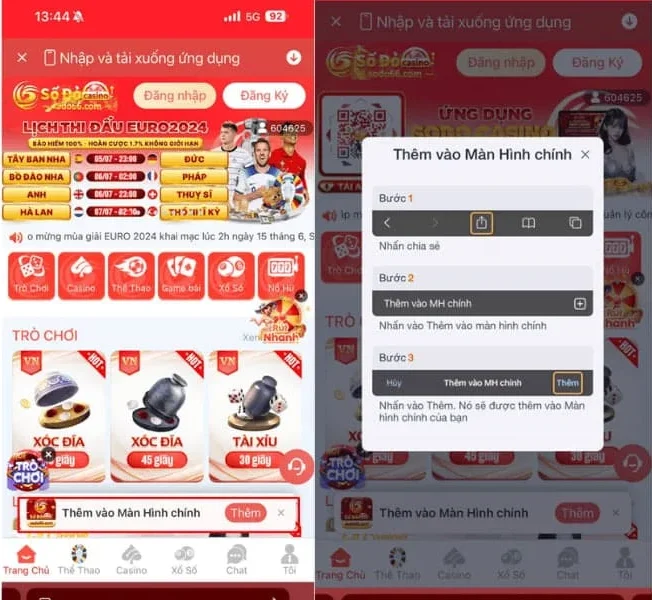 thêm vào màn hình chính tải app sodo66